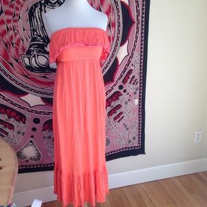 Iris Coral Pink Long Strapless Layered Flow Dress